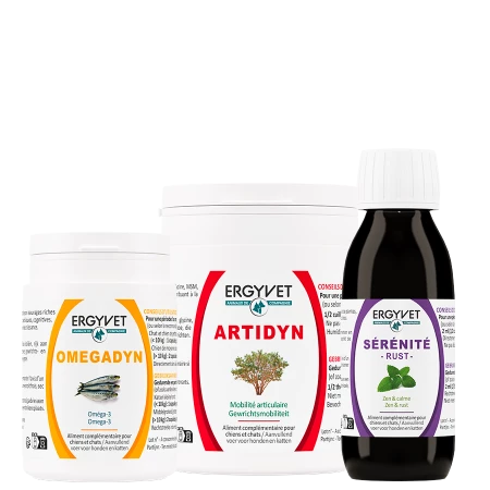 Pack Balade Chien ERGYVET ARTIDYN, OMEGADYN ET SÉRÉNITÉ, le trio pour des balades relaxantes et qui protège les articulations de votre chien.