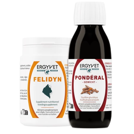 Pack Diabète Chat ERGYVET FELIDYN, complément alimentaire multivitaminé pour perte de poids chat. ERGYVET PONDÉRAL, oligo-éléments et plantes pour le surpoids.