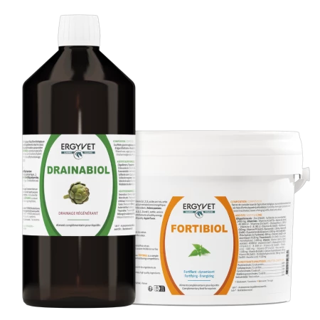 Pack Surpoids Cheval ERGYVET DRAINABIOL, détox, drainage hépatique et rénal du cheval. ERGYVET FORTIBIOL, complexe multivitaminé (CMV) pour gérer le poids.