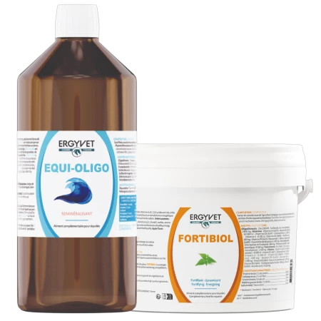 Pack Sabots et Robe Cheval ERGYVET FORTIBIOL et ERGYVET EQUI-OLIGO, pour renforcer la qualité des sabots et de la robe et booster l'état général.